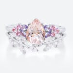 Pear Shaped Morganite Ring Set with Leaf Curved Wedding Ring in White Gold