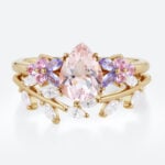 Pear Shaped Morganite Ring Set with Leaf Curved Wedding Ring in Yellow Gold