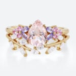 Pear Shaped Morganite Ring Set with Leaf Curved Wedding Ring in Yellow Gold