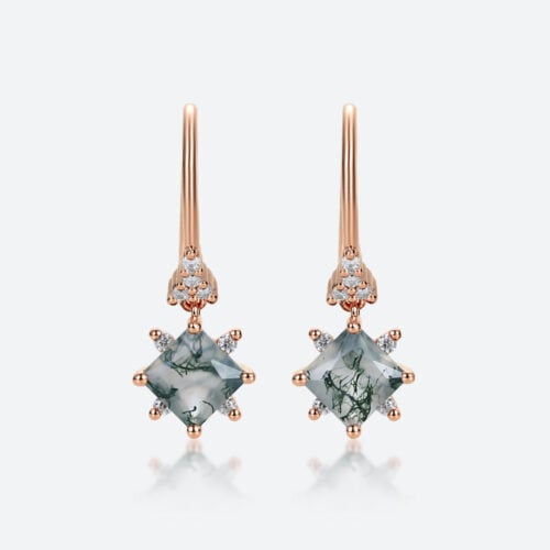 0.7ct Moss Agate Drop Earrings Modern Geometric with Lab Diamond Accents in Rose Gold