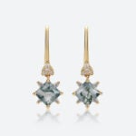 0.7ct Moss Agate Drop Earrings Modern Geometric with Lab Diamond Accents in Yellow Gold