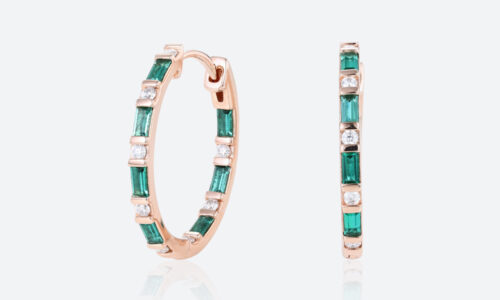 Emerald & Lab Diamond Huggie Earrings Alternating Hoop Earrings in Rose Gold