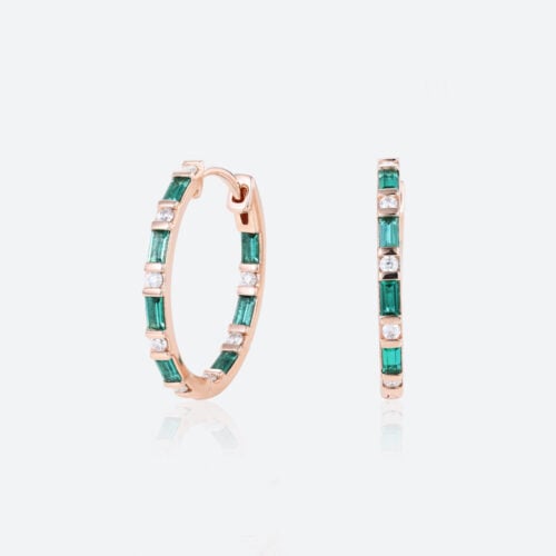 Emerald & Lab Diamond Huggie Earrings Alternating Hoop Earrings in Rose Gold