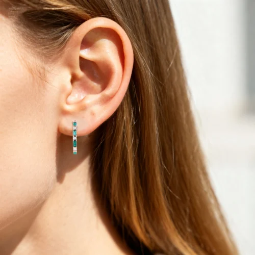 Emerald & Lab Diamond Huggie Earrings Alternating Hoop Earrings in Rose Gold