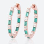Emerald & Lab Diamond Huggie Earrings Alternating Hoop Earrings in Rose Gold