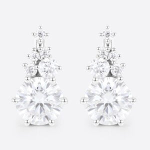 Round Cut Lab Diamond Stud Earrings Cluster Six-Prong Earrings in White Gold