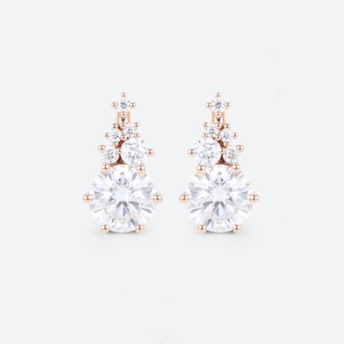 Round Cut Lab Diamond Stud Earrings Cluster Six-Prong Earrings in Rose Gold
