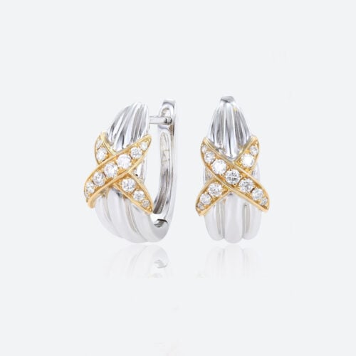 Round Lab Diamond Hoop Earrings Two-Tone Crisscross Earrings in White Gold