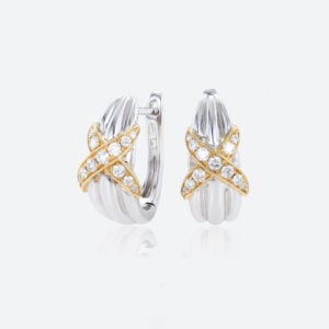 Round Lab Diamond Hoop Earrings Two-Tone Crisscross Earrings in White Gold