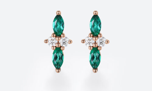 Round & Marquise Cut Emerald Delicate Stud Earrings with Diamond Accents in Rose Gold (1) Rose Gold Stud Earrings Marquise Cut Emerald with Diamond Accents