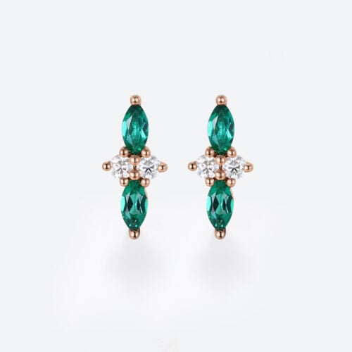 Rose Gold Stud Earrings Marquise Cut Emerald with Diamond Accents