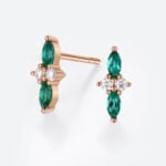 Rose Gold Stud Earrings Marquise Cut Emerald with Diamond Accents