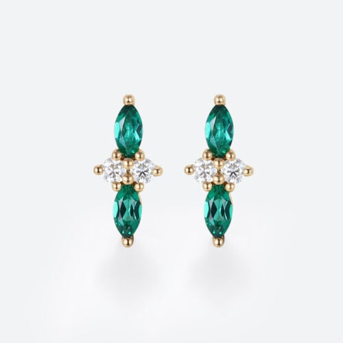 Yellow/Rose Gold Stud Earrings Marquise Cut Emerald with Diamond Accents