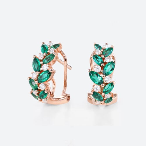 Marquise Cut Emerald Hoop Earrings with Clip-On Designs Nature-Inspired Omega Back Earrings in Rose Gold