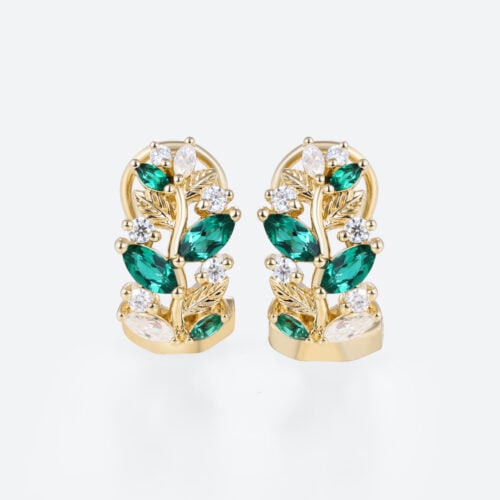Emerald Romantic Huggie Earrings​ with Round Lab Diamond Accents in Yellow Gold
