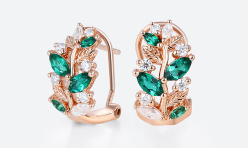 Round & Marquise Cut Emerald Romantic Naturalism Huggie Earrings with Diamond Accents (7) Emerald Romantic Huggie Earrings with Round Lab Diamond Accents in Rose Gold