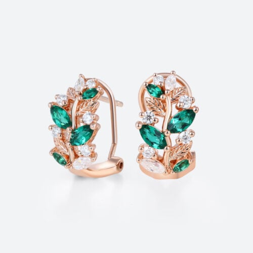 Emerald Romantic Huggie Earrings​ with Round Lab Diamond Accents in Rose Gold