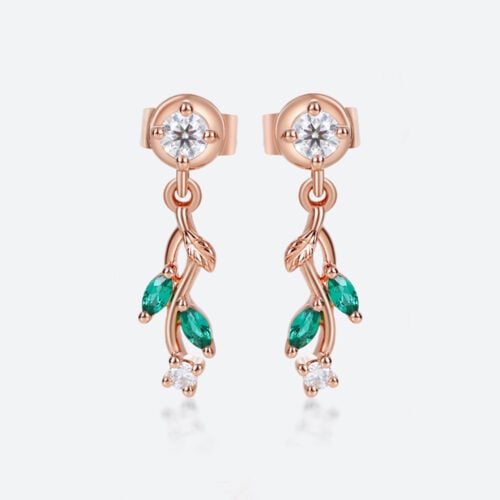 Lab Diamond Drop Earrings with Emerald Accents Nature-Inspired Earrings in Rose Gold