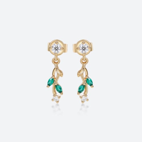 Lab Diamond Drop Earrings with Emerald Accents Nature-Inspired Earrings in Yellow Gold