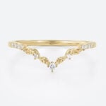 Round Cut Lab Diamond Curved Ring​ V-Shaped Leaf Wedding Band in Yellow Gold