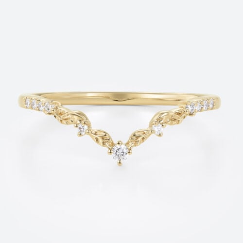 Round Cut Lab Diamond Curved Ring V-Shaped Leaf Wedding Band in Yellow Gold