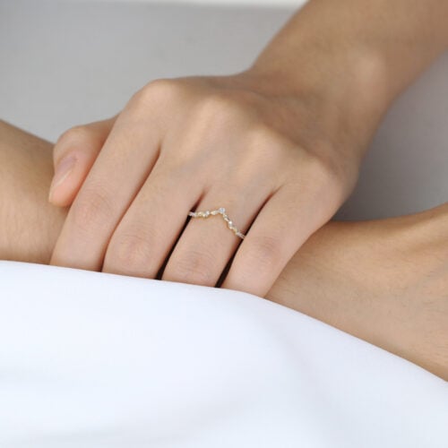 Round Cut Lab Diamond Curved Ring V-Shaped Leaf Wedding Band in Yellow Gold