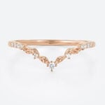Round Cut Lab Diamond Curved Ring​ V-Shaped Leaf Wedding Band in Rose Gold