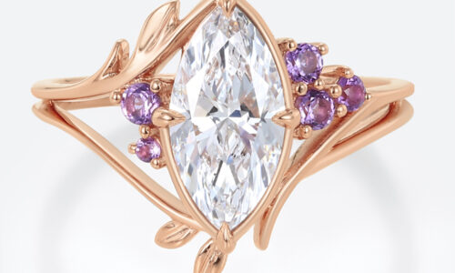 1ct Marquise Cut Lab Diamond Ring Elven-inspired Amethyst Accents 4 Claw Prong Engagement Ring in Rose Gold