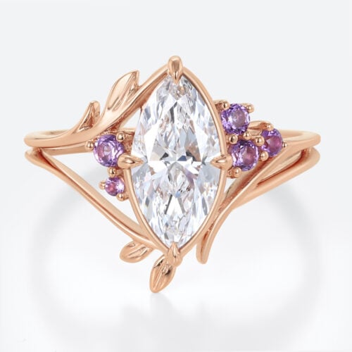 1ct Marquise Cut Lab Diamond Ring Elven-inspired Amethyst Accents 4 Claw Prong Engagement Ring in Rose Gold