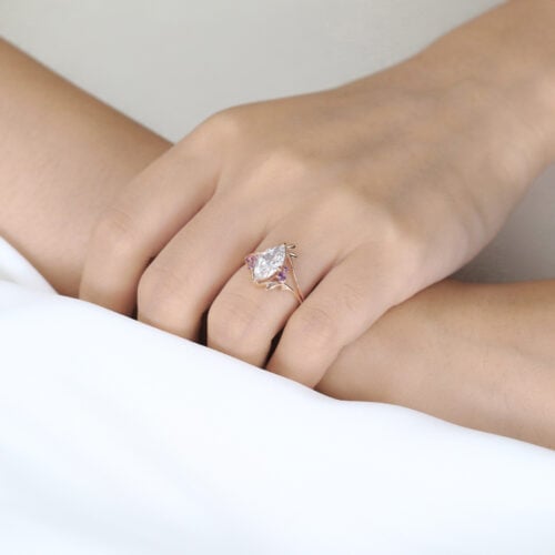 1ct Marquise Cut Lab Diamond Ring Elven-inspired Amethyst Accents 4 Claw Prong Engagement Ring in Rose Gold