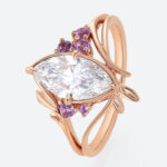 1ct Marquise Cut Lab Diamond Ring Elven-inspired Amethyst Accents 4 Claw Prong Engagement Ring in Rose Gold