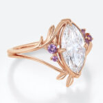 1ct Marquise Cut Lab Diamond Ring Elven-inspired Amethyst Accents 4 Claw Prong Engagement Ring in Rose Gold