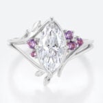 1ct Marquise Cut Lab Diamond Ring Elven-inspired Amethyst Accents 4 Claw Prong Engagement Ring in White Gold