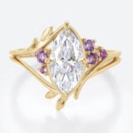 1ct Marquise Cut Lab Diamond Ring Elven-inspired Amethyst Accents 4 Claw Prong Engagement Ring in Yellow Gold
