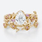 1ct Pear Shaped Lab Grown Diamond Rings Set Ornate Rose Vine in Yellow Gold