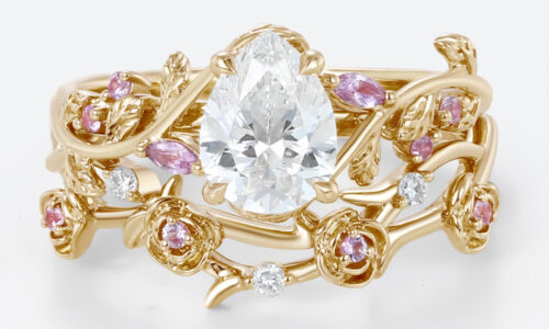 1ct Pear Shaped Lab Grown Diamond Rings Set Ornate Rose Vine in Yellow Gold