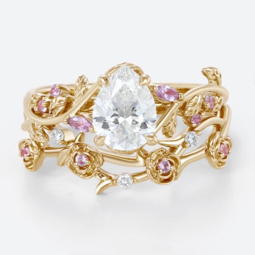 1ct Pear Shaped Lab Grown Diamond Rings Set Ornate Rose Vine in Yellow Gold