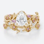 1ct Pear Shaped Lab Grown Diamond Rings Set Ornate Rose Vine in Yellow Gold