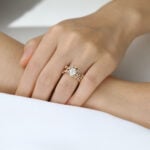 1ct Pear Shaped Lab Grown Diamond Rings Set Ornate Rose Vine in Yellow Gold