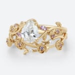 1ct Pear Shaped Lab Grown Diamond Rings Set Ornate Rose Vine in Yellow Gold