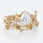 1ct Pear Shaped Lab Grown Diamond Rings Set Ornate Rose Vine in Yellow Gold