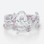 1ct Pear Shaped Lab Grown Diamond Rings Set Ornate Rose Vine in White Gold