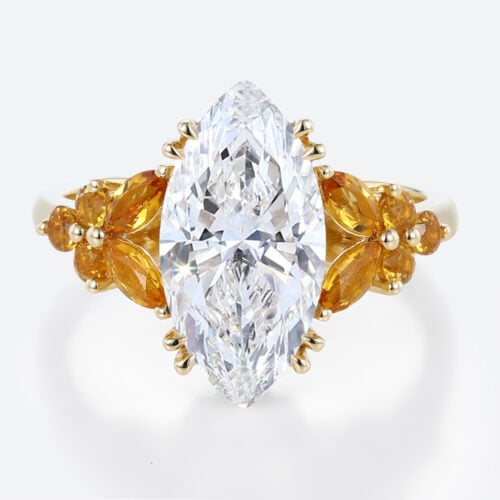 2.5ct Marquise Lab Diamond Ring Flower Citrine Cluster Double 4-Claw Prong Engagement Ring