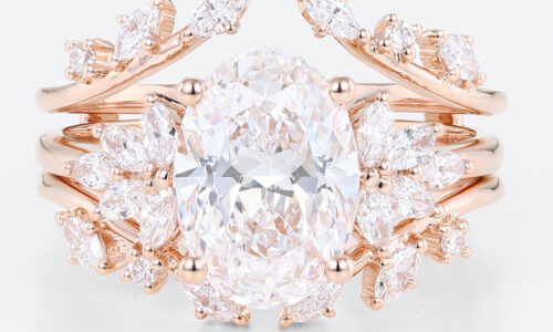 2.5ct Colorless VS+ Oval Cut Lab Grown Diamond Blooming Floral 4-Prong Bridal Ring Set in Rose Gold