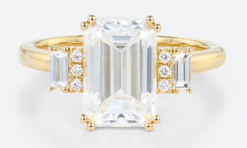 2ct Emerald Cut Lab Grown Diamond Ring Art Deco Engagement Ring in Yellow Gold