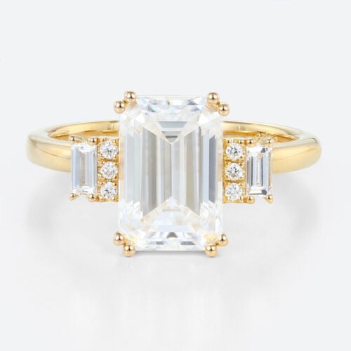 2ct Emerald Cut Lab Grown Diamond Ring Art Deco Engagement Ring in Yellow Gold
