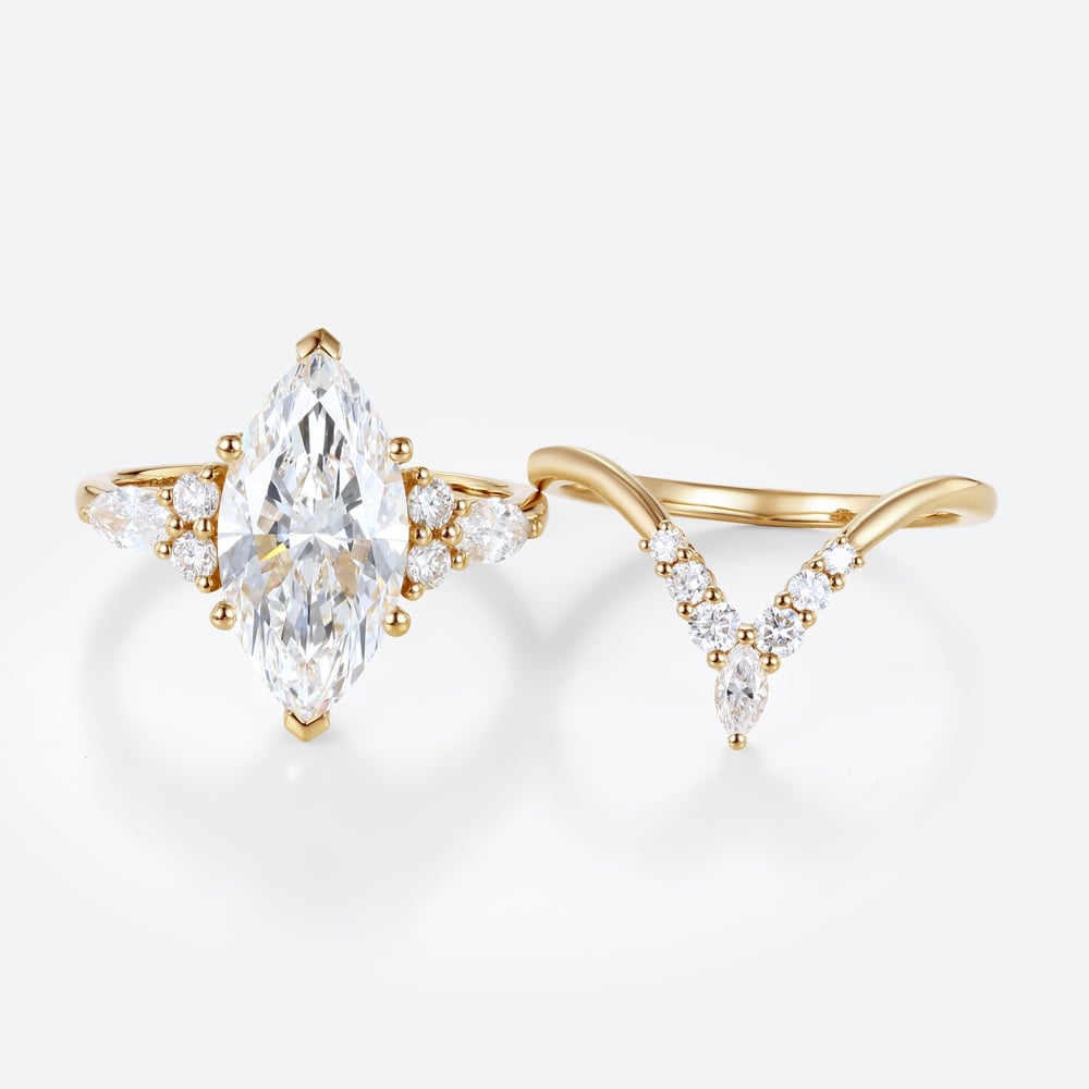 2ct Marquise Cut Lab Diamond Ring​ Set Romantic Vintage 6-Prong Bridal Ring in Yellow Gold