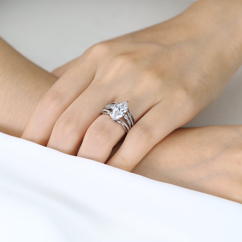 Lab Diamond Marquise Cut Rings​ Set 2ct Classic Pavé Pavé 4-Prong Bridal Ring Set in White Gold