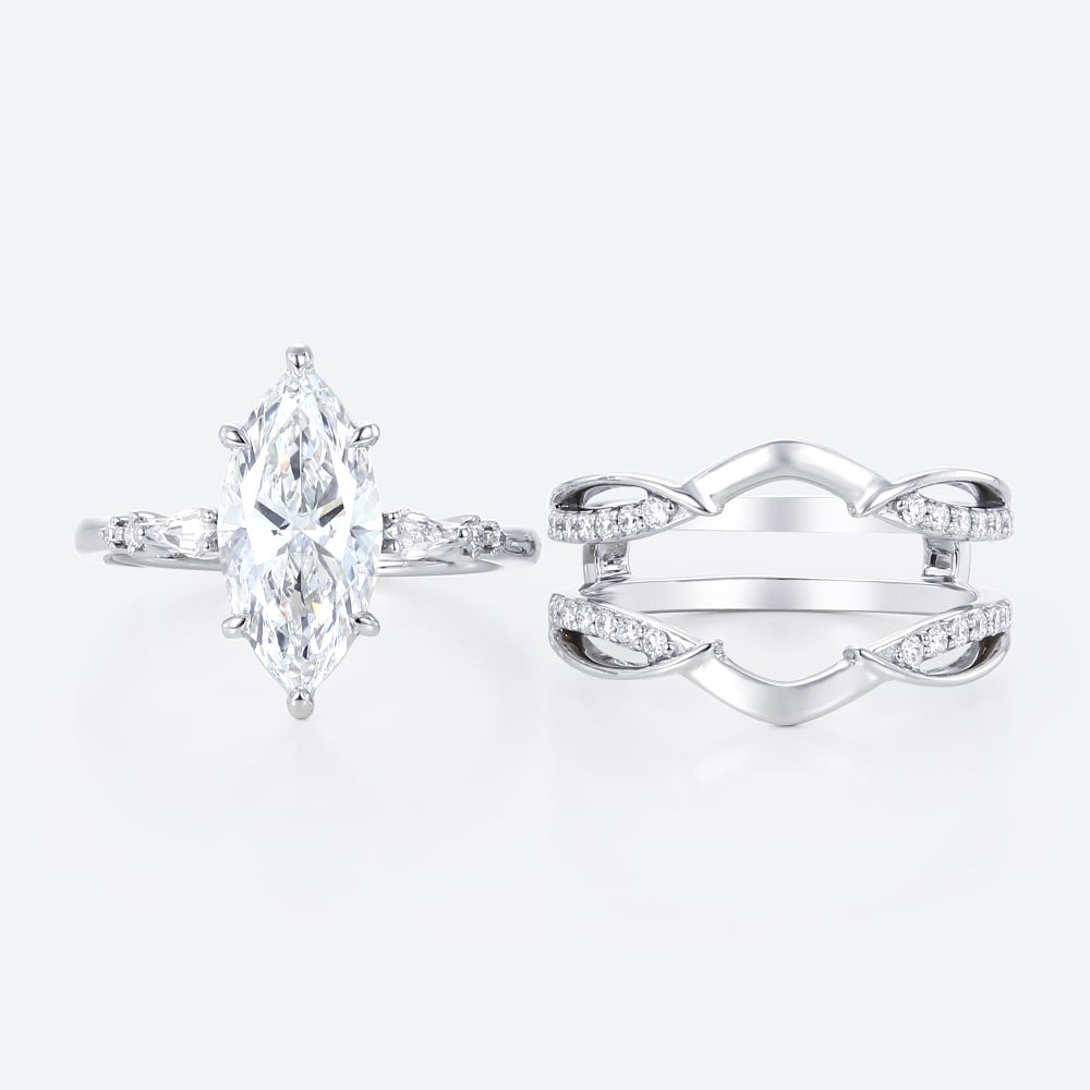 Lab Diamond Marquise Cut Rings​ Set 2ct Classic Pavé Pavé 4-Prong Bridal Ring Set in White Gold