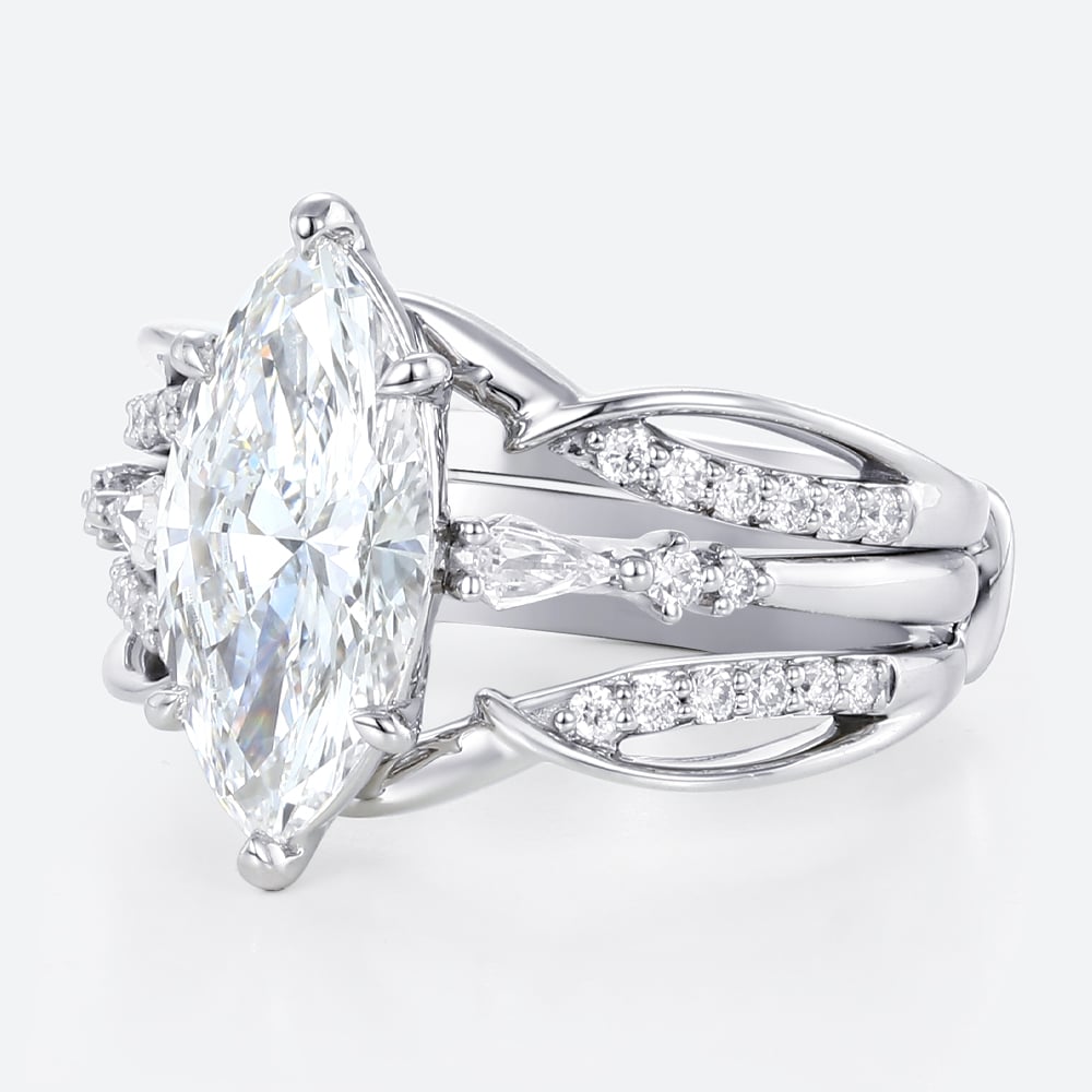 Lab Diamond Marquise Cut Rings​ Set 2ct Classic Pavé Pavé 4-Prong Bridal Ring Set in White Gold